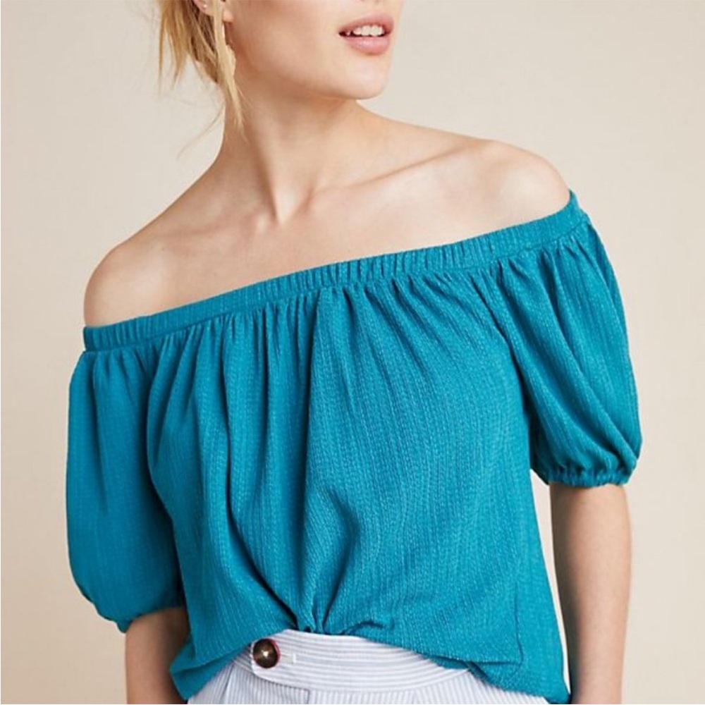 Anthropologie Elodie Women Top Size Small Off Shoulder Top Teal Elastic cuffs